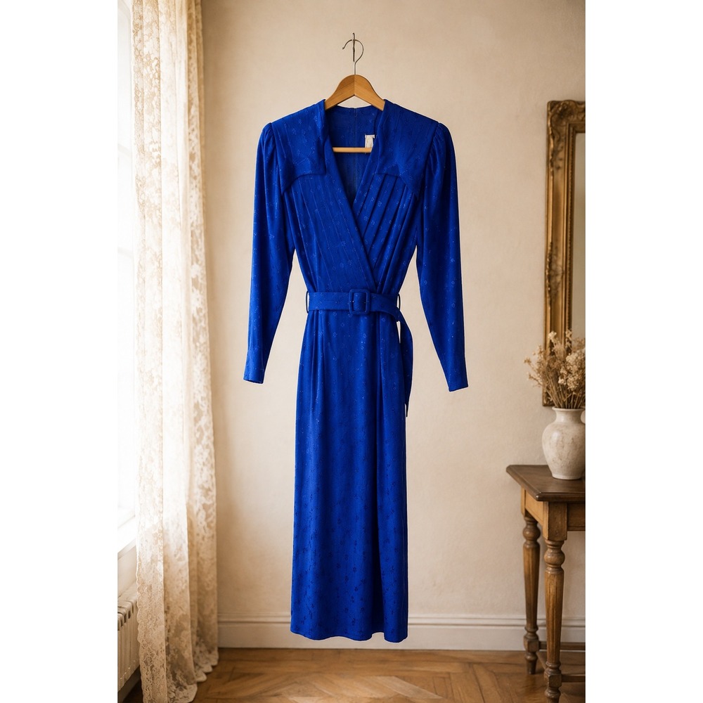 Vintage 80s Cobalt Blue Wrap Dress Belted Structured Shoulder Size M